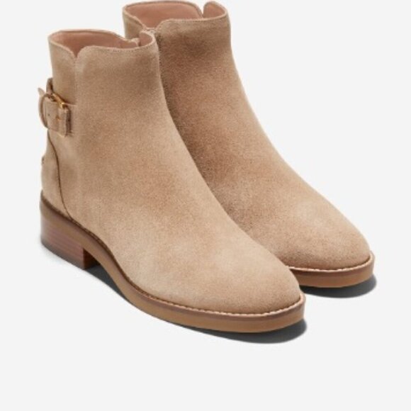 Cole Haan Hampshire Buckle Tan Suede Ankle Boots Minimalist Scandinavian Size 7 - Picture 2 of 6